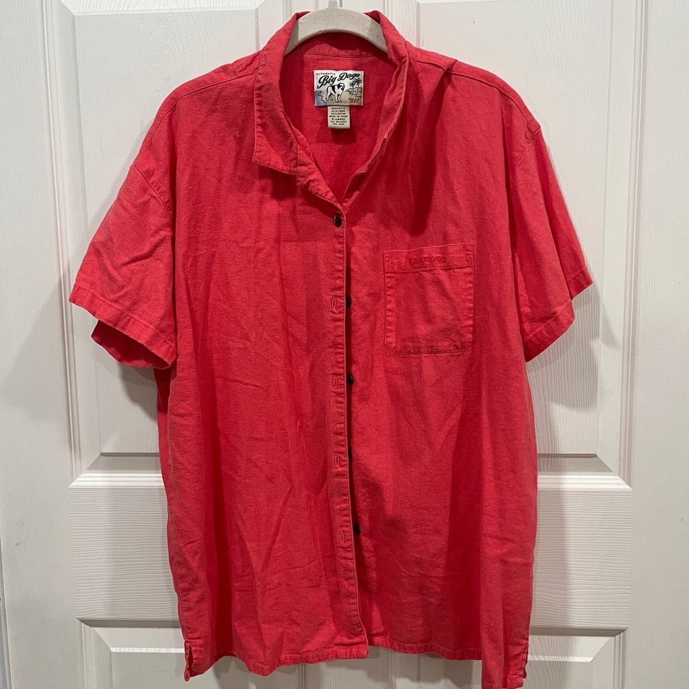 Big Dogs Linen Rayon Blend Button Up Shirt Coral Pink Mens XL‎ Casual